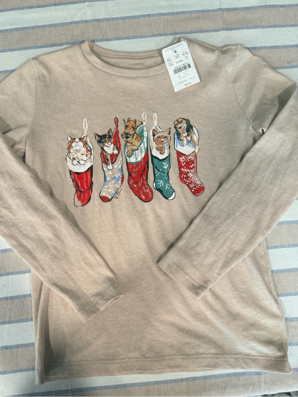 J Crew : CrewCuts Beige Long Sleeve Tee with Kitten Stocking Print